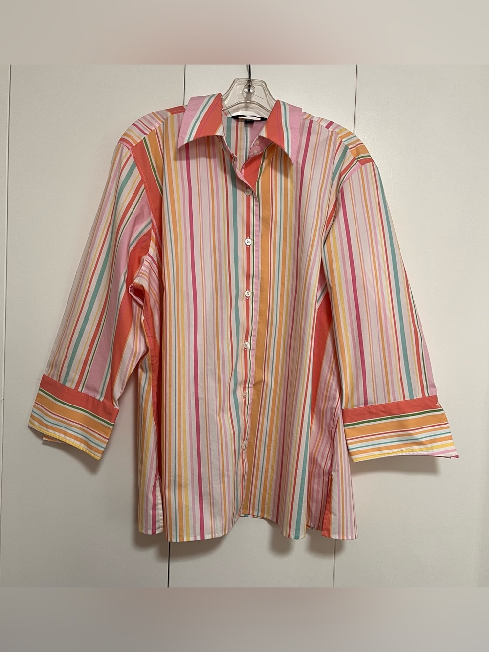 Lands’ End No Iron Pastel Stripes Button Down 3/4 Sleeves Shirt Women’s Size 22W